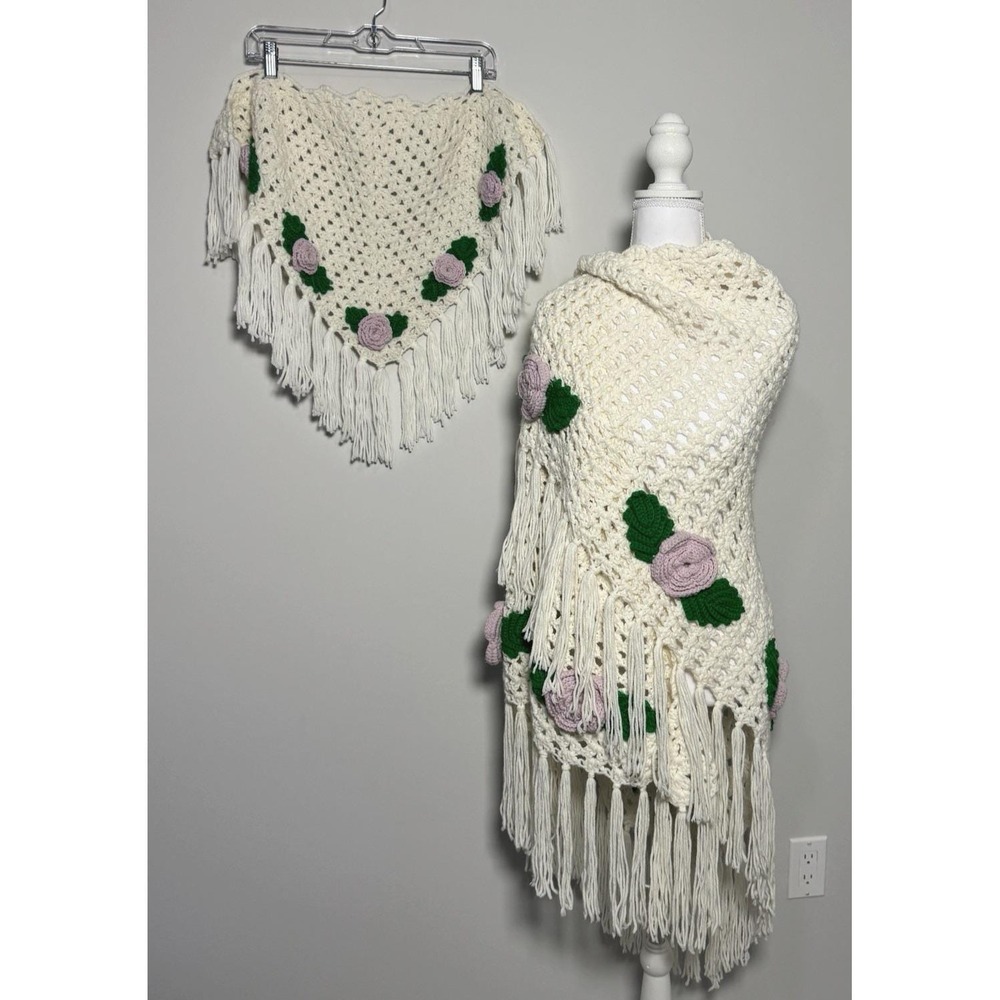 Vintage Handmade Crochet Shawl Set Labeled Folk Art Boho Fringe 70s Cottagecore